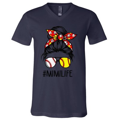 Classy Mimi Life Softball Baseball Mother's Day Messy Bun V-Neck T-Shirt