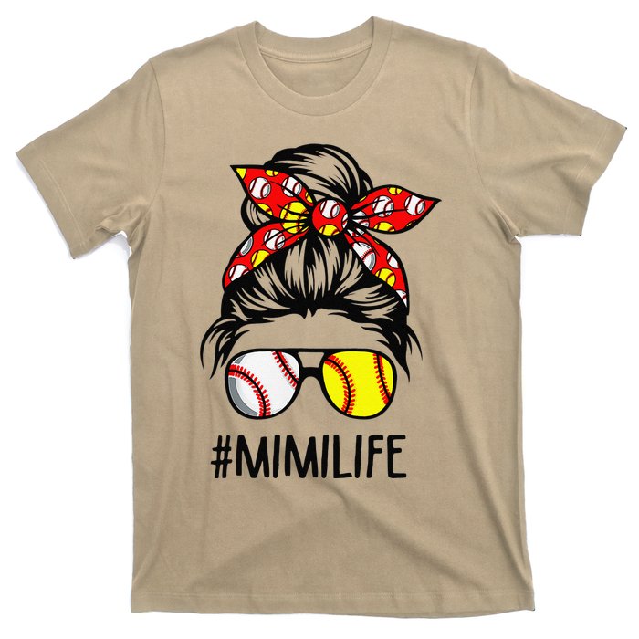 Classy Mimi Life Softball Baseball Mother's Day Messy Bun T-Shirt