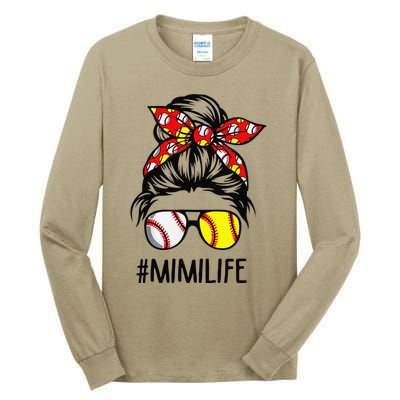 Classy Mimi Life Softball Baseball Mother's Day Messy Bun Tall Long Sleeve T-Shirt