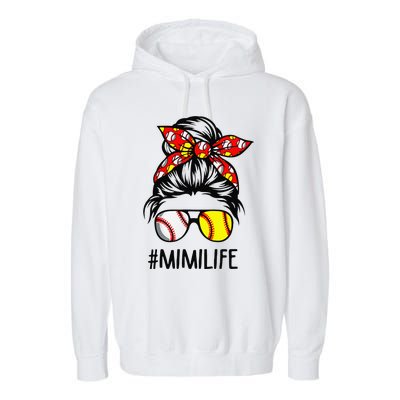 Classy Mimi Life Softball Baseball Mother's Day Messy Bun Garment-Dyed Fleece Hoodie