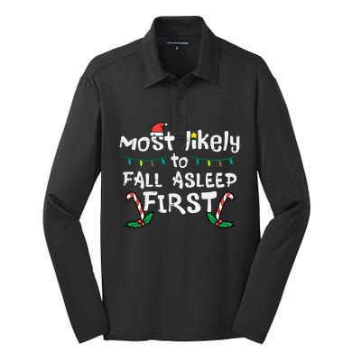 Christmas Most Likely To Fall Asleep First Funny Xmas Family Cute Gift Silk Touch Performance Long Sleeve Polo