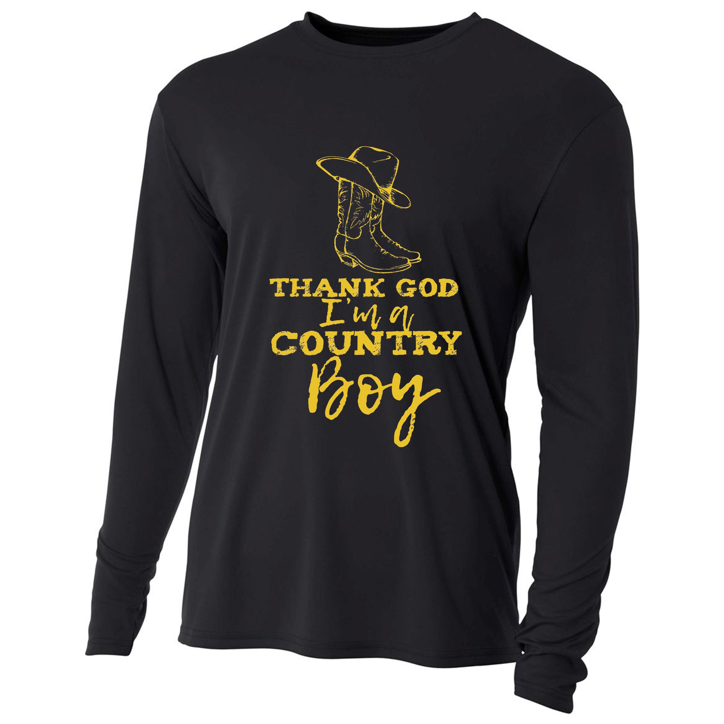 Country Music Lyrics Quotes Thank God IM A Country Boy Cooling Performance Long Sleeve Crew