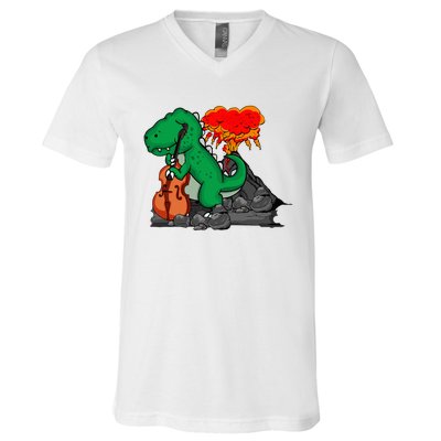 Contrabass Music Lover Dinosaur Musician Double Bass V-Neck T-Shirt