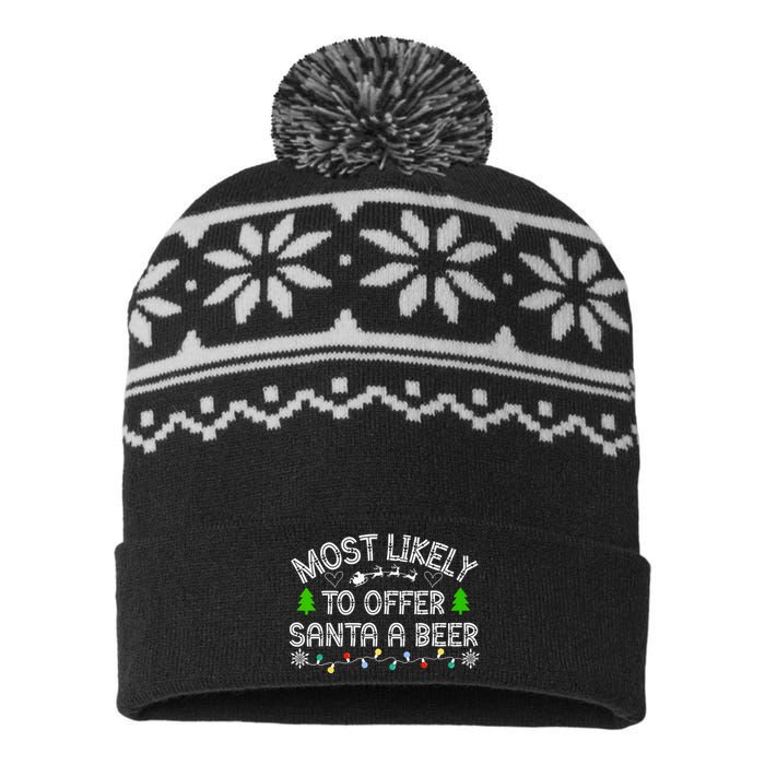 Christmas Most Likely To Offer Santa A Beer Funny Drinking Gift USA-Made Snowflake Beanie