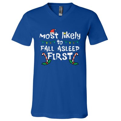 Christmas Most Likely To Fall Asleep First Funny Xmas Family Gift V-Neck T-Shirt