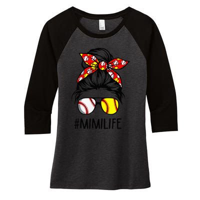 Classy Mimi Life Softball Baseball Mother's Day Messy Bun Women's Tri-Blend 3/4-Sleeve Raglan Shirt