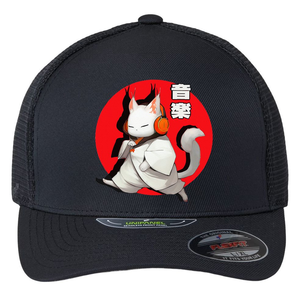 Cat Music Lovers Music in Japanese Kanji Cat in Headphones Flexfit Unipanel Trucker Cap