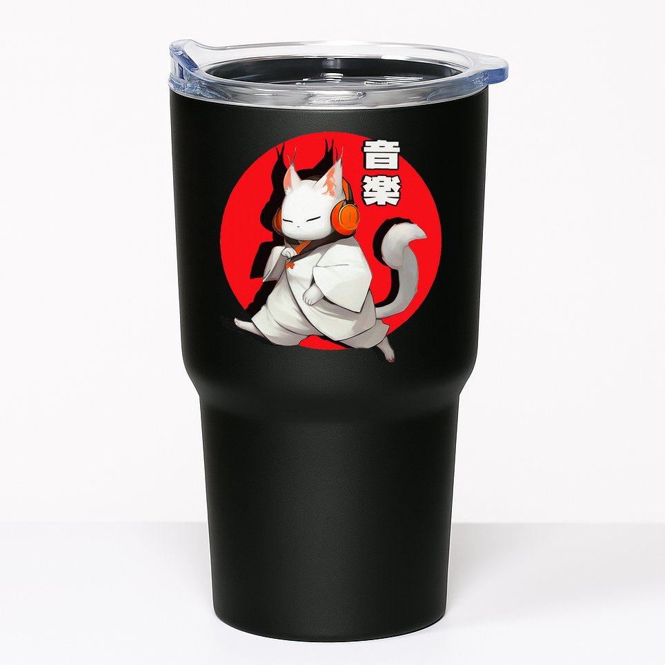 Cat Music Lovers Music in Japanese Kanji Cat in Headphones Tumbler