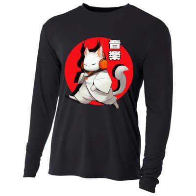 Cat Music Lovers Music in Japanese Kanji Cat in Headphones Cooling Performance Long Sleeve Crew