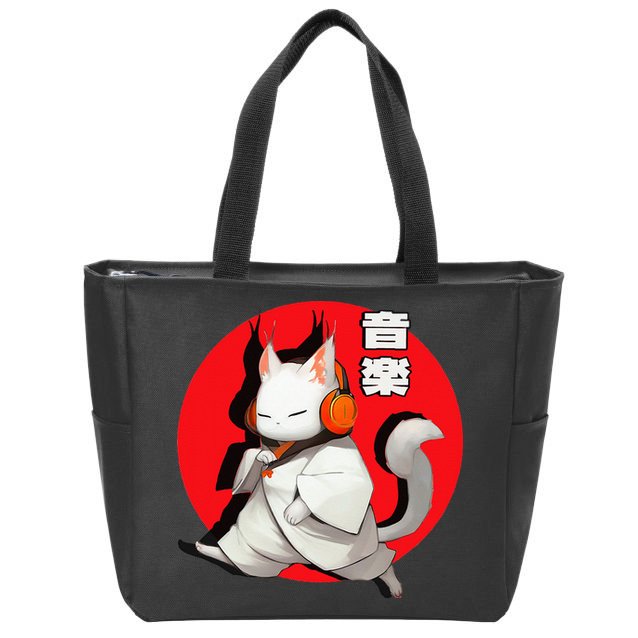 Cat Music Lovers Music in Japanese Kanji Cat in Headphones Zip Tote Bag