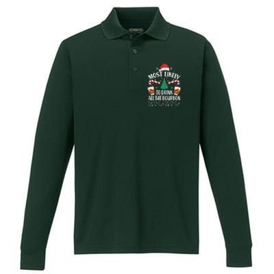 Christmas Most Likely To Drink All The Bourbon Performance Long Sleeve Polo