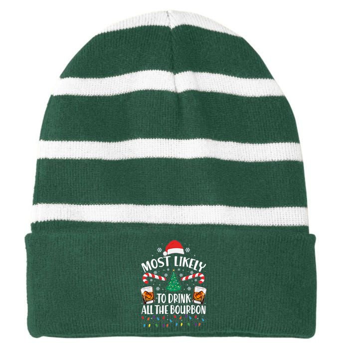 Christmas Most Likely To Drink All The Bourbon Striped Beanie with Solid Band