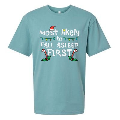 Christmas Most Likely To Fall Asleep First Funny Xmas Family Gift Sueded Cloud Jersey T-Shirt