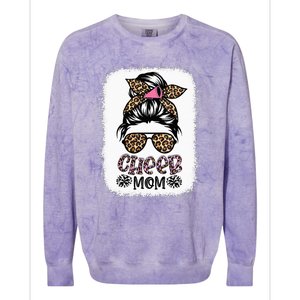 Cheer Mom Leopard Messy Bun Cheerleader Bleached Mothers Day Colorblast Crewneck Sweatshirt