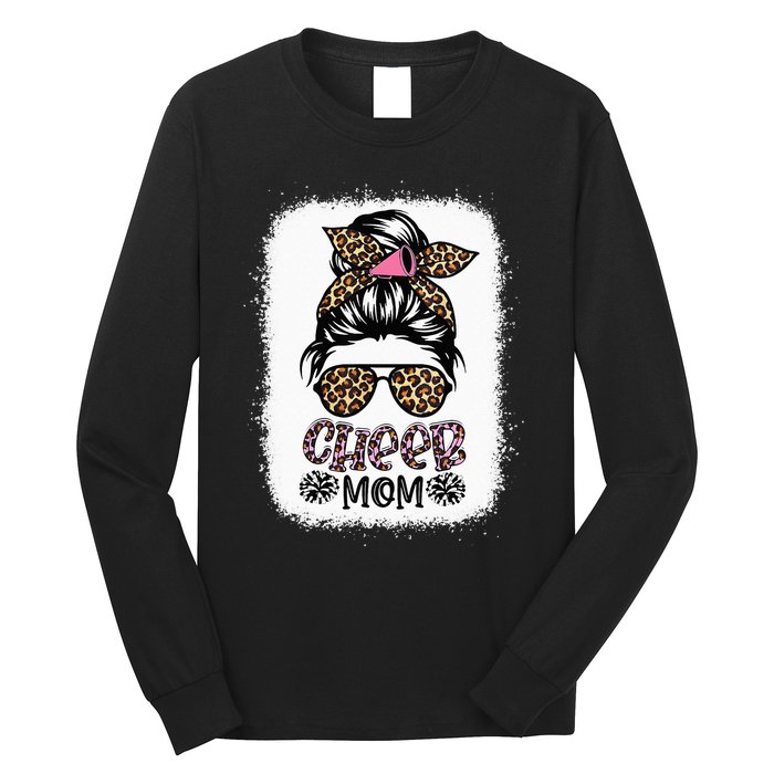 Cheer Mom Leopard Messy Bun Cheerleader Bleached Mothers Day Long Sleeve Shirt