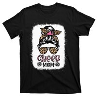 Cheer Mom Leopard Messy Bun Cheerleader Bleached Mothers Day T-Shirt