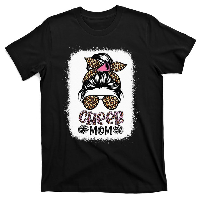 Cheer Mom Leopard Messy Bun Cheerleader Bleached Mothers Day T-Shirt