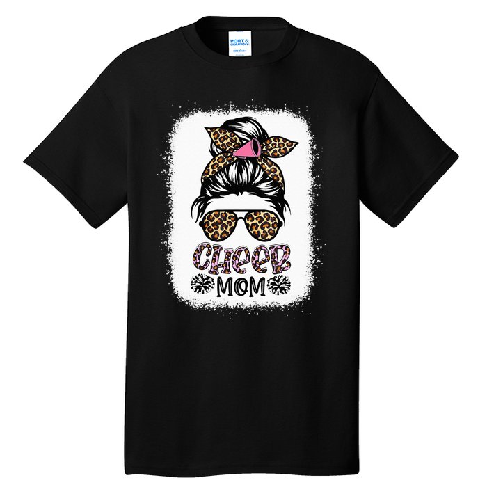 Cheer Mom Leopard Messy Bun Cheerleader Bleached Mothers Day Tall T-Shirt