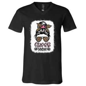 Cheer Mom Leopard Messy Bun Cheerleader Bleached Mothers Day V-Neck T-Shirt