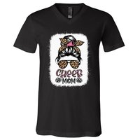 Cheer Mom Leopard Messy Bun Cheerleader Bleached Mothers Day V-Neck T-Shirt