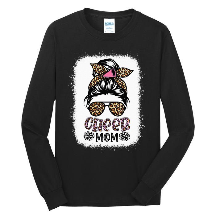 Cheer Mom Leopard Messy Bun Cheerleader Bleached Mothers Day Tall Long Sleeve T-Shirt