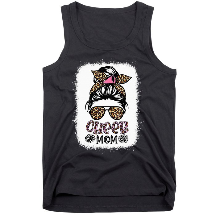 Cheer Mom Leopard Messy Bun Cheerleader Bleached Mothers Day Tank Top