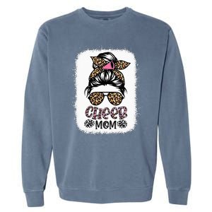 Cheer Mom Leopard Messy Bun Cheerleader Bleached Mothers Day Garment-Dyed Sweatshirt