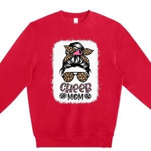 Cheer Mom Leopard Messy Bun Cheerleader Bleached Mothers Day Premium Crewneck Sweatshirt