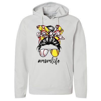 Cute Mom  Life Baseball Softball Messy Bun Mother's Day Performance Fleece Hoodie