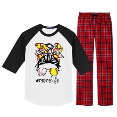 Cute Mom  Life Baseball Softball Messy Bun Mother's Day Raglan Sleeve Pajama Set