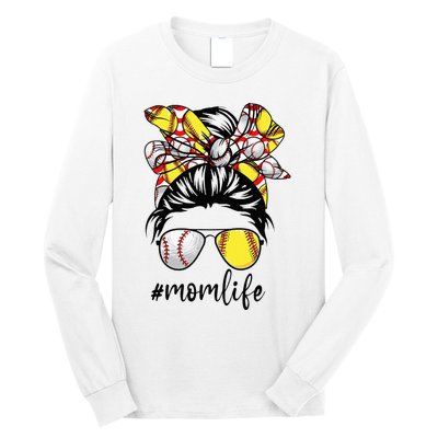 Cute Mom  Life Baseball Softball Messy Bun Mother's Day Long Sleeve Shirt