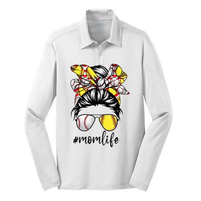 Cute Mom  Life Baseball Softball Messy Bun Mother's Day Silk Touch Performance Long Sleeve Polo