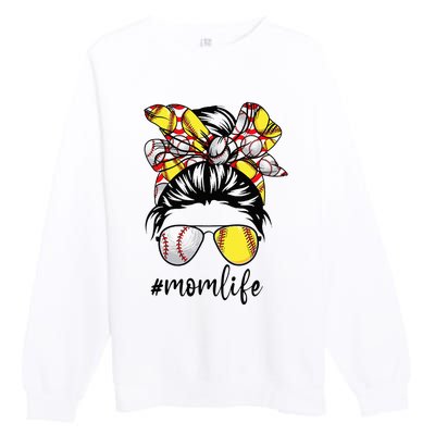 Cute Mom  Life Baseball Softball Messy Bun Mother's Day Premium Crewneck Sweatshirt