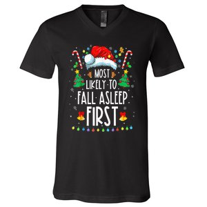 Christmas Most Likely To Fall Asleep First Funny Xmas Family V-Neck T-Shirt