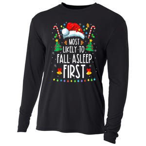 Christmas Most Likely To Fall Asleep First Funny Xmas Family Cooling Performance Long Sleeve Crew