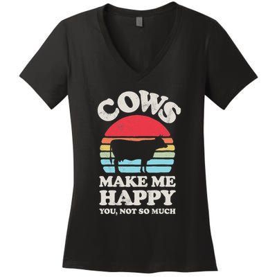 Cows Make Me Happy Funny Cow Lover Farmer Farm Animal Retro Women's V-Neck T-Shirt