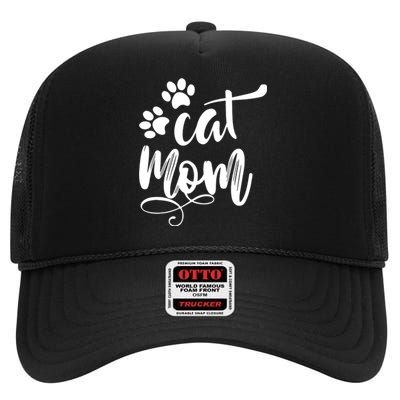 Cat Mom Mama Women Funny Retro Clothes Paw High Crown Mesh Back Trucker Hat