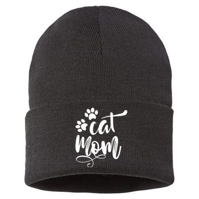 Cat Mom Mama Women Funny Retro Clothes Paw Sustainable Knit Beanie