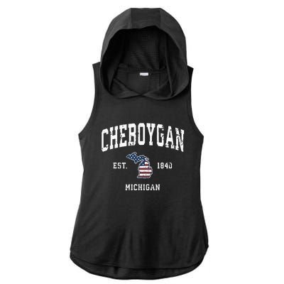 Cheboygan Michigan Mi Vintage American Flag Sports Design Ladies PosiCharge Tri-Blend Wicking Draft Hoodie Tank