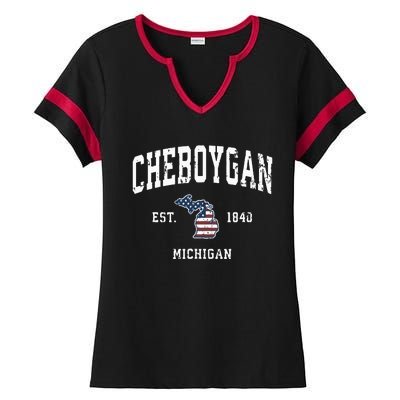 Cheboygan Michigan Mi Vintage American Flag Sports Design Ladies Halftime Notch Neck Tee