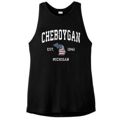 Cheboygan Michigan Mi Vintage American Flag Sports Design Ladies PosiCharge Tri-Blend Wicking Tank