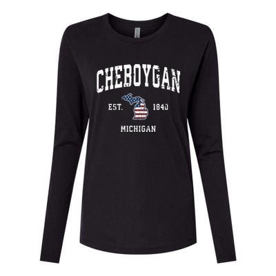 Cheboygan Michigan Mi Vintage American Flag Sports Design Womens Cotton Relaxed Long Sleeve T-Shirt