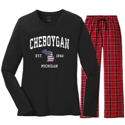 Cheboygan Michigan Mi Vintage American Flag Sports Design Women's Long Sleeve Flannel Pajama Set 