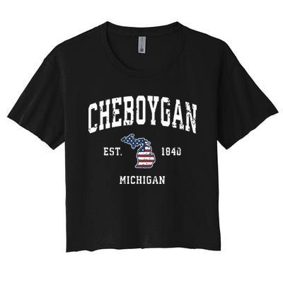 Cheboygan Michigan Mi Vintage American Flag Sports Design Women's Crop Top Tee