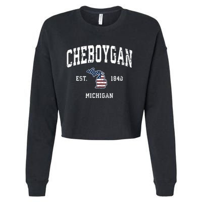 Cheboygan Michigan Mi Vintage American Flag Sports Design Cropped Pullover Crew