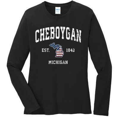 Cheboygan Michigan Mi Vintage American Flag Sports Design Ladies Long Sleeve Shirt