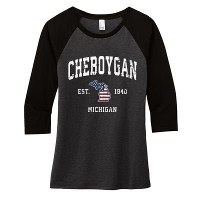 Cheboygan Michigan Mi Vintage American Flag Sports Design Women's Tri-Blend 3/4-Sleeve Raglan Shirt