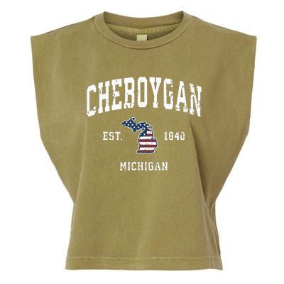 Cheboygan Michigan Mi Vintage American Flag Sports Design Garment-Dyed Women's Muscle Tee