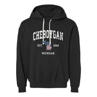 Cheboygan Michigan Mi Vintage American Flag Sports Design Garment-Dyed Fleece Hoodie