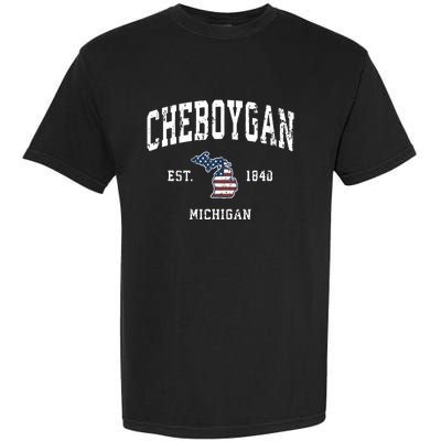 Cheboygan Michigan Mi Vintage American Flag Sports Design Garment-Dyed Heavyweight T-Shirt